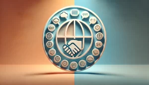 Minimalist image showing a globe with multilingual speech bubbles and a handshake, symbolizing collaboration and blogger outreach for SEO optimization across Europe.